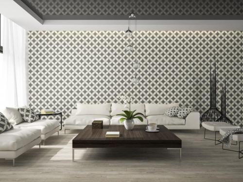 Interior of living room with stylish wallpaper 3D rendering